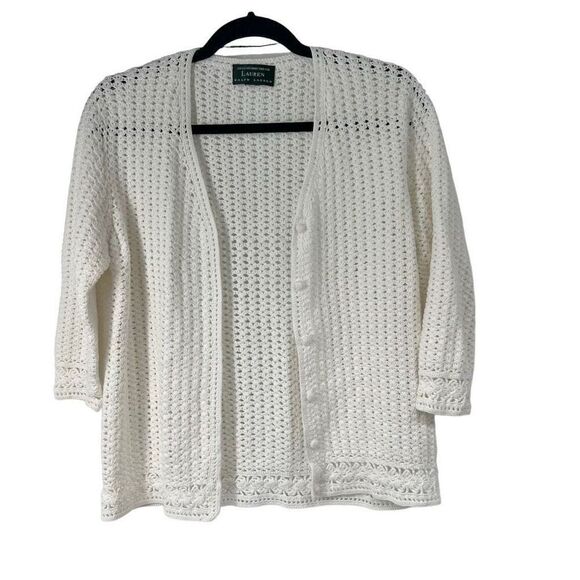Lauren Ralph Lauren White Crochet Fabric Covered Buttons Cardigan Women’s - Picture 1 of 8